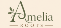 Amelia Roots logo featuring a green botanical letter A with leaves and an elegant serif wordmark on a soft beige background.