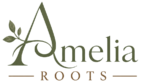 Amelia Roots logo featuring a green botanical letter A with leaves and an elegant serif wordmark on a soft beige background.
