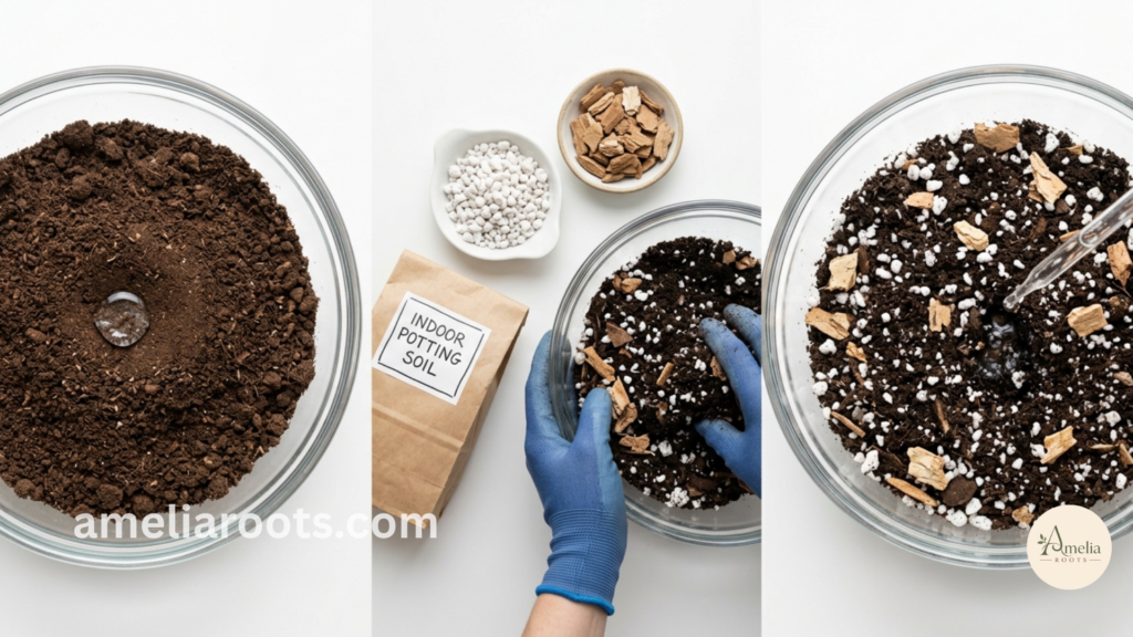 Flat-lay comparison showing dense potting soil on left retaining water droplets, three soil amendment ingredients in center (indoor potting soil, perlite, orchid bark), and finished amended soil mixture on right with visible drainage, water droplet passing through immediately