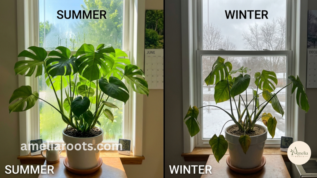 Side-by-side comparison of identical Monstera plant in summer (left) showing vibrant green full growth in bright light at 75°F, versus winter (right) showing yellowing leaves and slower growth in dimmer light at 62°F with lower sun angle, demonstrating seasonal care adjustment necessity