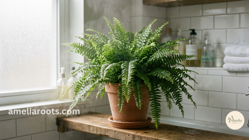 Boston fern thriving in humid bathroom environment with soft natural window light and moisture on fronds