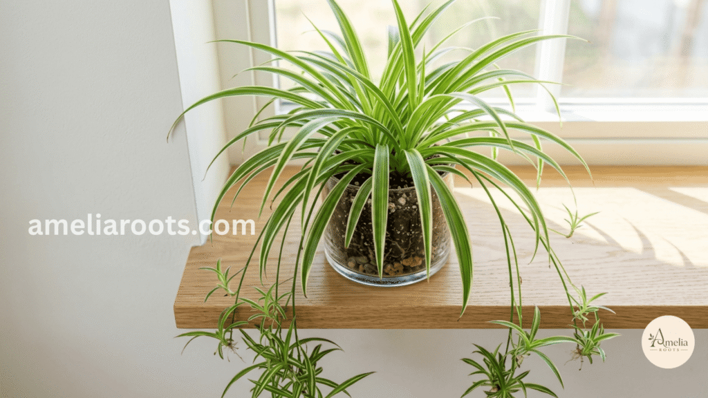Healthy Chlorophytum spider plant with variegated green and white leaves displayed near a bright south-facing window, showing optimal indoor plant care setup
