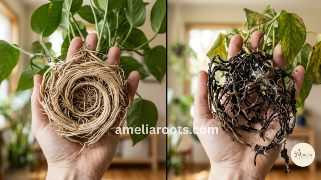 Comparison of healthy white roots versus black mushy root rot roots—diagnostic guide for identifying plant root health before repotting