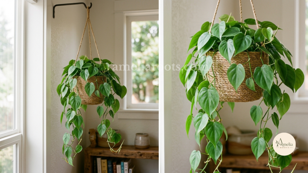 Heartleaf Philodendron with heart-shaped green leaves trailing from pot, soft natural lighting