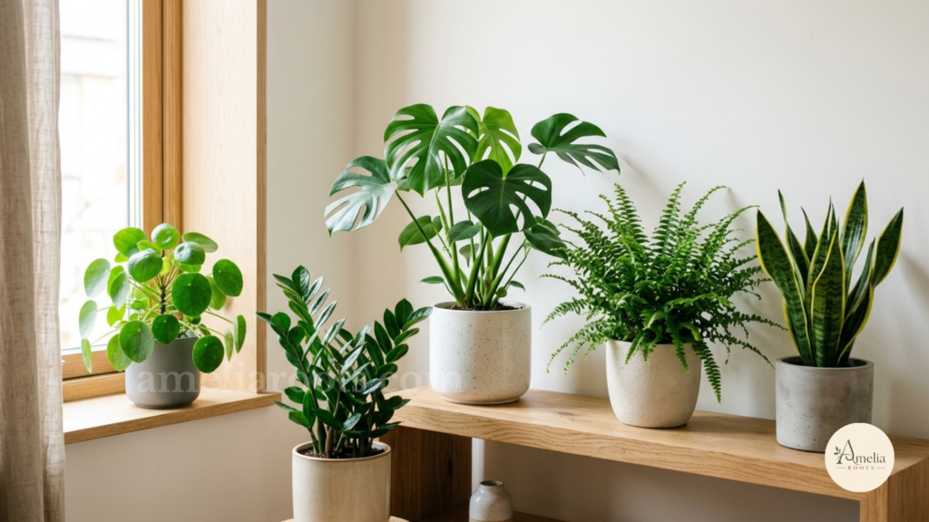 Carefully arranged collection of healthy indoor plants including Pothos, Snake Plant, and ZZ Plant on wooden shelf in bright modern living room