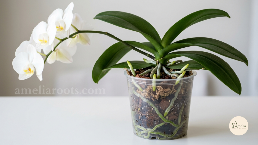 Healthy Phalaenopsis orchid with visible new root growth and firm green leaves, ready for repotting