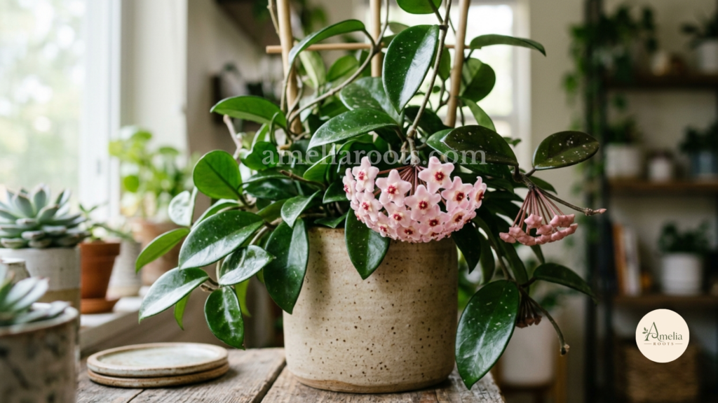 Hoya plant with waxy leaves and delicate pink waxy flowers in ceramic pot, detailed close-up