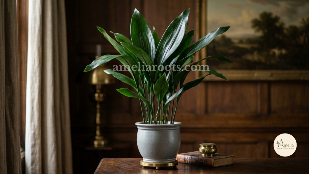 Cast Iron Plant with deep green glossy leaves on upright stems in ceramic pot, elegant studio lighting