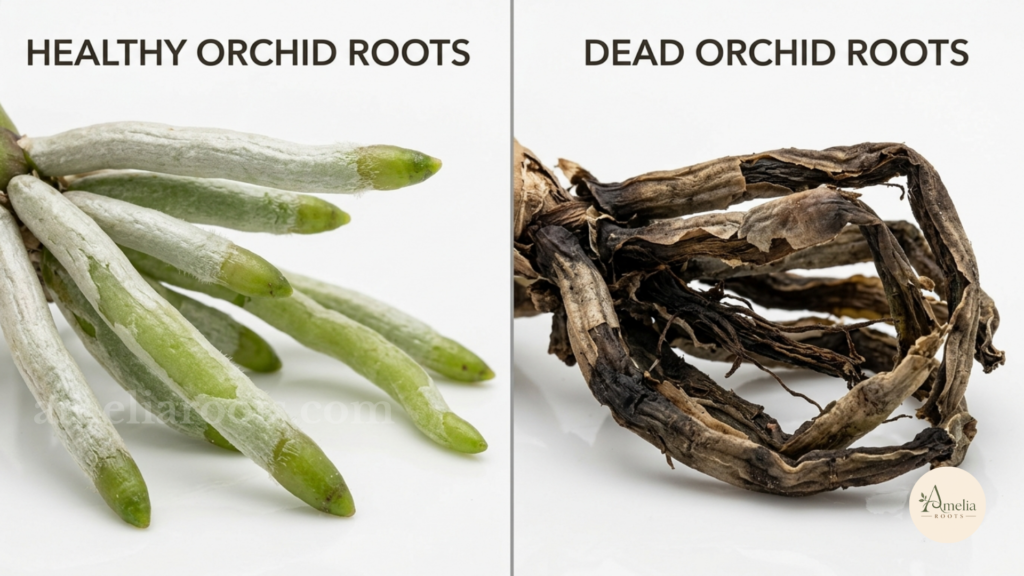 Comparison of healthy white orchid roots vs dead brown rotted roots showing texture differences