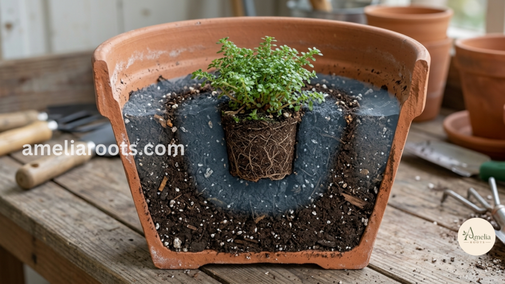 Oversized pot problem: plant roots sitting in excess soil that stays too wet— visual demonstration of why large pots kill plants after repotting