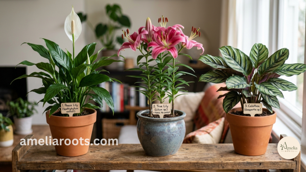 Peace lily vs. Calathea comparison showing how peace lilies cause confusion with true lilies but safe alternative plants like Calathea offer similar aesthetic without toxicity risk for cat