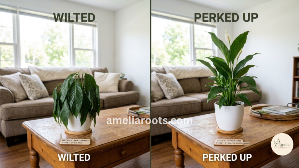 Peace lily before and after watering: wilted drooping leaves signal water need, recovered perky leaves show hydration success