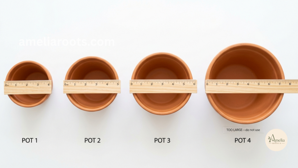 Pot size comparison demonstrating the 1-2 inch upgrade rule for repotting—showing correct pot progression versus oversized pot to avoid