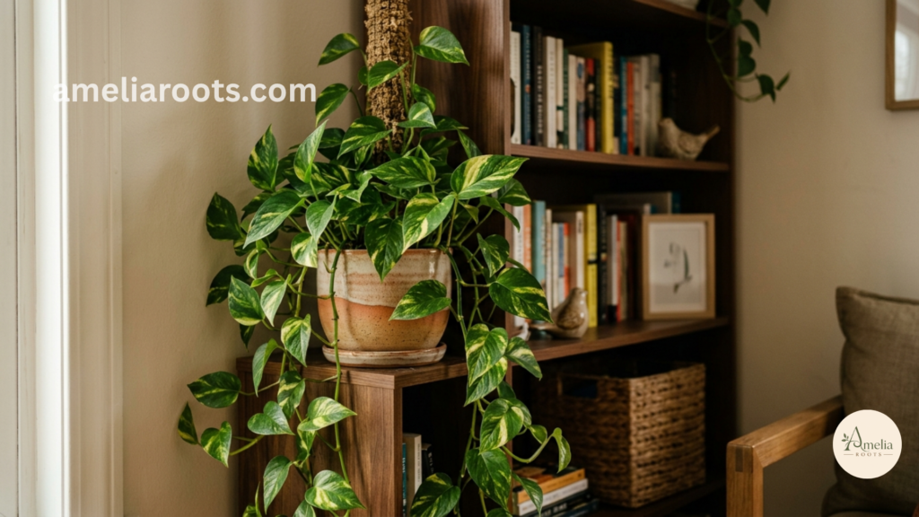 Pothos ivy plant trailing over bookshelf in low-light apartment corner, demonstrating space-efficient air purification placement