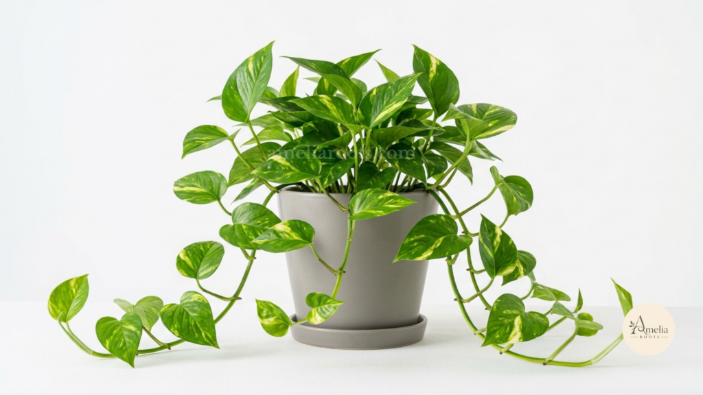 Healthy Pothos plant with trailing green heart-shaped leaves in ceramic pot on white background