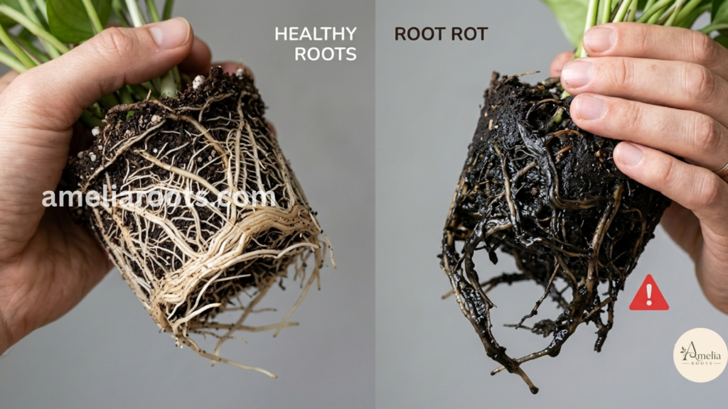Root health diagnosis comparison: left side shows healthy white firm pothos roots, right side shows black mushy root rot with foul smell indicator, both roots removed from pot for inspection