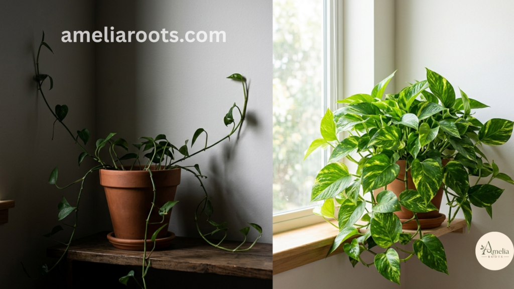 Side-by-side comparison of Pothos plant care: left side shows leggy Pothos with small leaves in low light conditions, right side shows full, lush Golden Pothos with large variegated leaves in bright indirect light