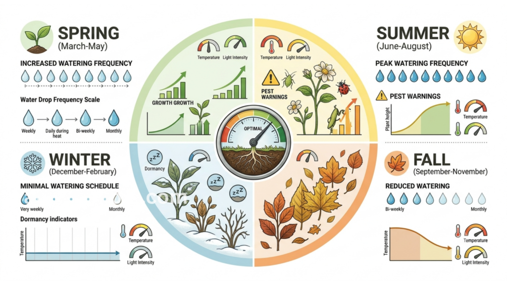Pothos seasonal care calendar showing watering frequency and care tasks by season: spring growth increase, summer peak watering and pest watch, fall reduction, winter dormancy watering schedule for US homes