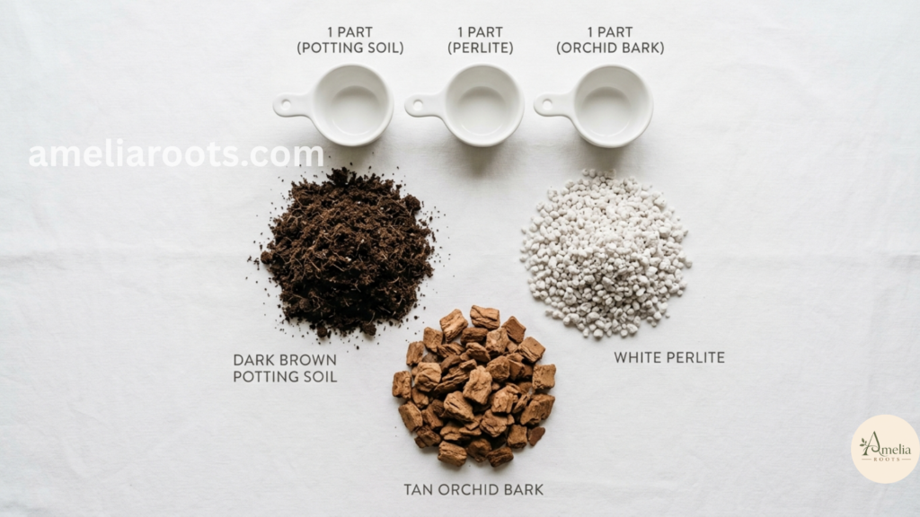 Pothos soil mix preparation showing three equal components: potting soil, white perlite, and orchid bark arranged in separate piles with 1:1:1 ratio label, overhead view for mixing instructions