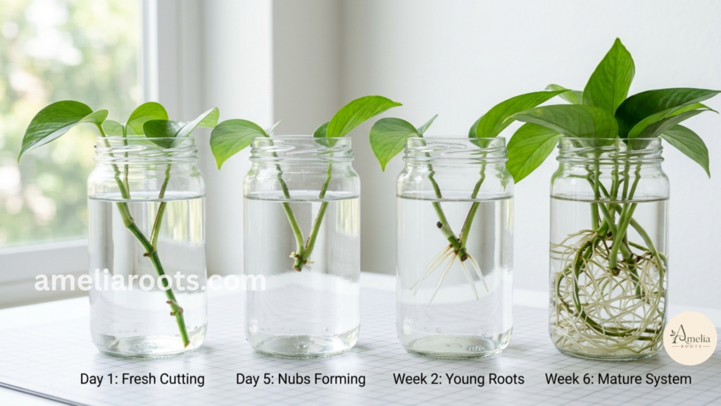 Step-by-step Pothos propagation in water: shows cutting with 3 leaf nodes, bottom leaves removed, cutting submerged in clear water glass showing white root development, progressing from day 1 to week 4 with visible root growth