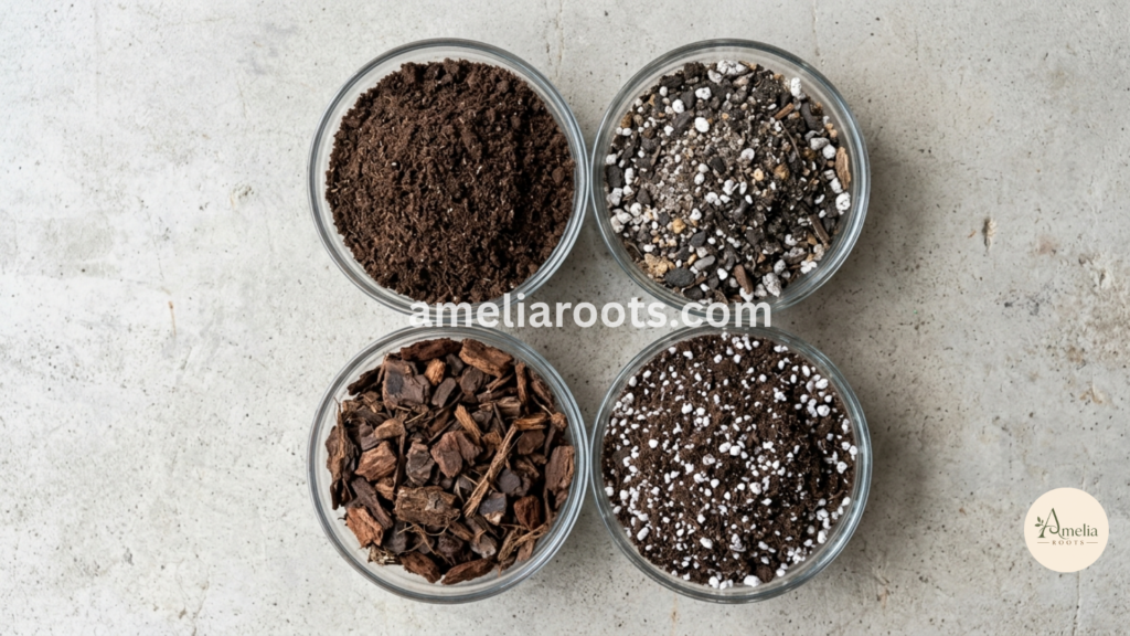 Four soil types for plant repotting: standard potting mix, cactus mix, orchid bark, and perlite-enriched mix—showing texture and composition differences