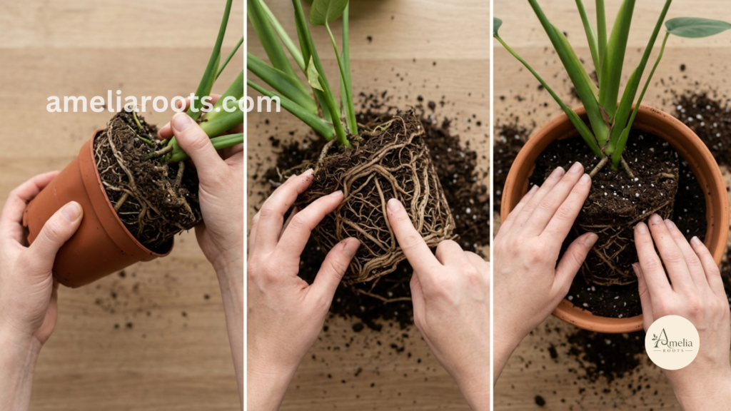 Step-by-step repotting sequence: removing plant from old pot, loosening roots, and positioning in new pot with fresh soil—visual guide to proper technique