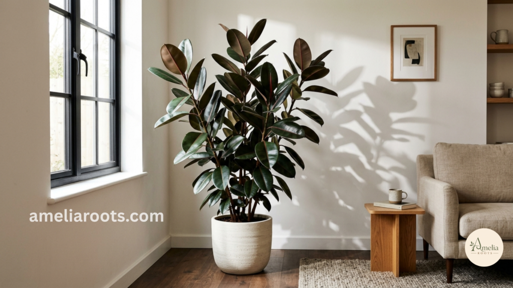 Large mature rubber plant with glossy leaves in living room corner, creating visual focal point and formaldehyde removal