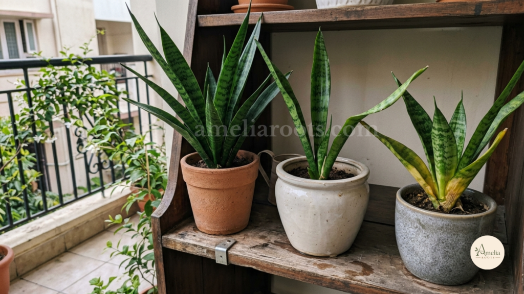 Three snake plants in different pots on a balcony shelf, showing visibly different health from the same watering routine.