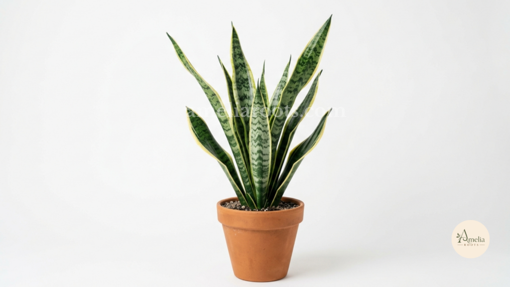 Mature Snake Plant with upright sword-like gray-green leaves in white ceramic pot, studio lighting