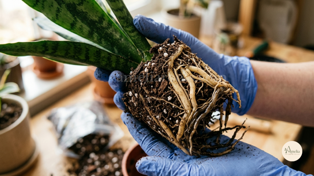 Close-up of snake plant roots showing healthy firm pale root tissue next to soft, dark, rotted root tissue.