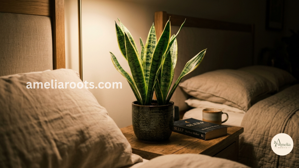 Mature snake plant on bedroom nightstand in soft warm lighting, demonstrating optimal placement for oxygen production at night