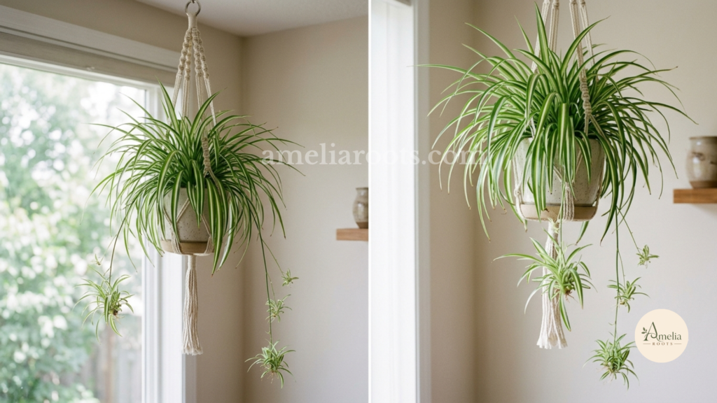 Spider Plant with arching leaves and trailing plantlets in hanging pot, natural soft lighting