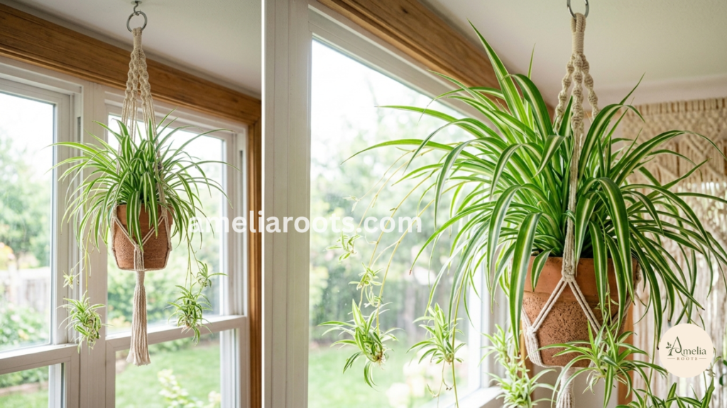 Hanging spider plant with visible spiderettes in bright indirect window light, showing propagation and cascading growth pattern
