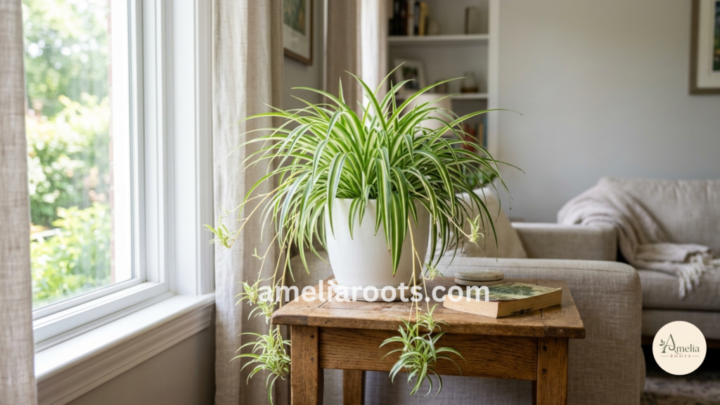 Healthy spider plant with variegated green and white leaves in ceramic pot near window with multiple spiderettes visible