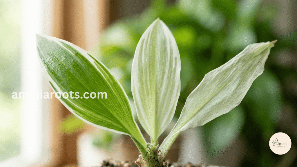 Close-up macro photograph of spider plant (Chlorophytum) leaves showing three hydration states: vibrant green (properly watered), pale green (thirsty plant), and stressed appearance, demonstrating visual watering signals without a schedule