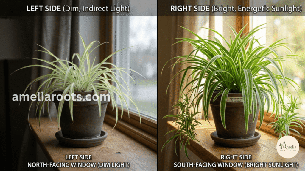 Side-by-side comparison of the same spider plant species showing difference between north-facing window (pale, stunted growth) versus south-facing window (vibrant green, healthy growth) demonstrating importance of light for Chlorophytum care