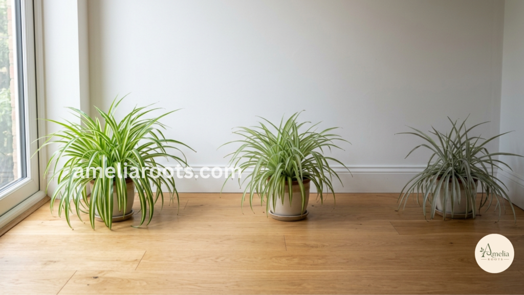 Spider plant appearance at different distances from window: vibrant at 2-3 feet, pale at 4-5 feet, washed-out at 6+ fee