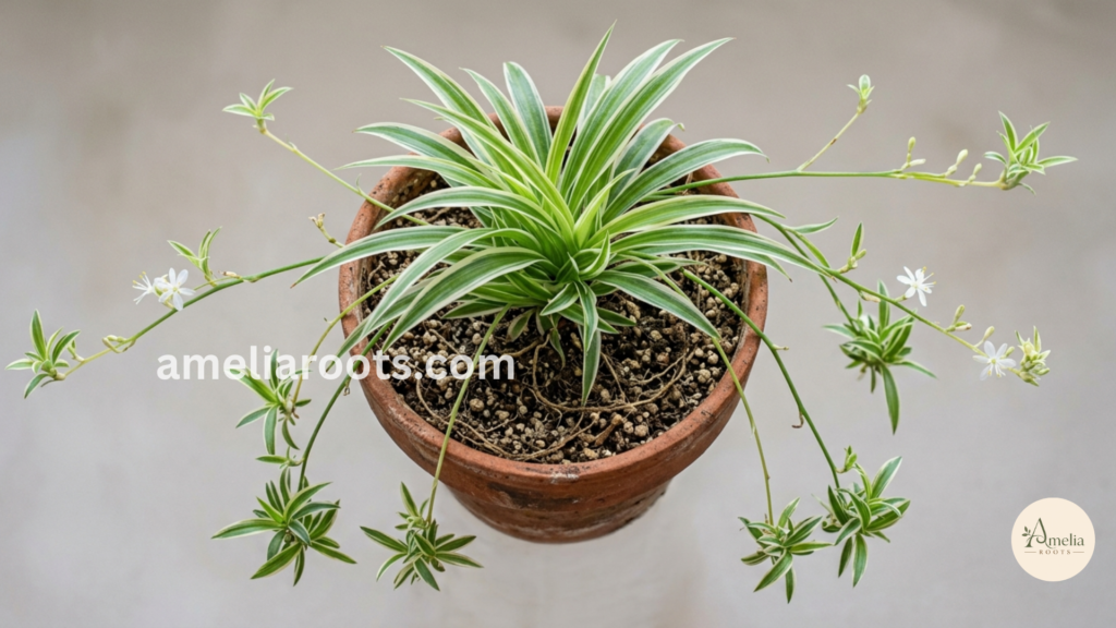 Mature spider plant with extended runners showing multiple spiderettes and white flowers on runners