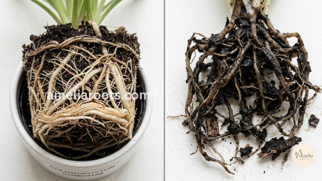 Comparison of healthy tan spider plant roots versus black, mushy rotted roots showing root decay