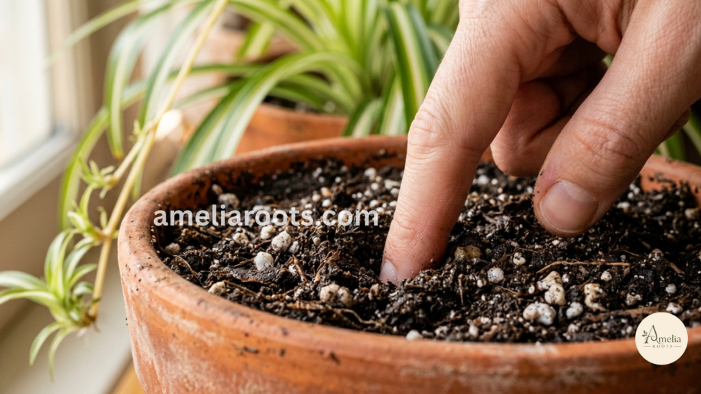 Finger inserted 2 inches into spider plant soil to test moisture level before watering
