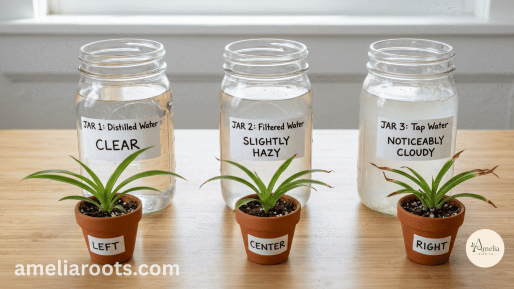 Water quality comparison demonstrating the relationship between distilled, filtered, and tap water (showing mineral content) and resulting spider plant (Chlorophytum) leaf health over 4 weeks, with distilled water producing clean green leaves while tap water causes brown leaf tips