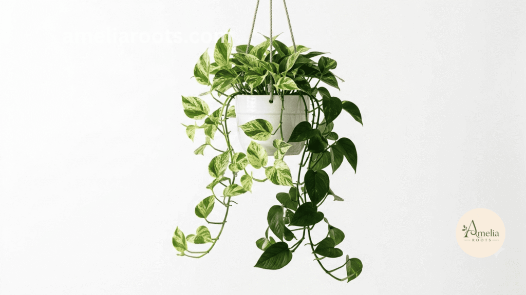 Trailing pothos plant with heart-shaped variegated leaves cascading from white hanging pot