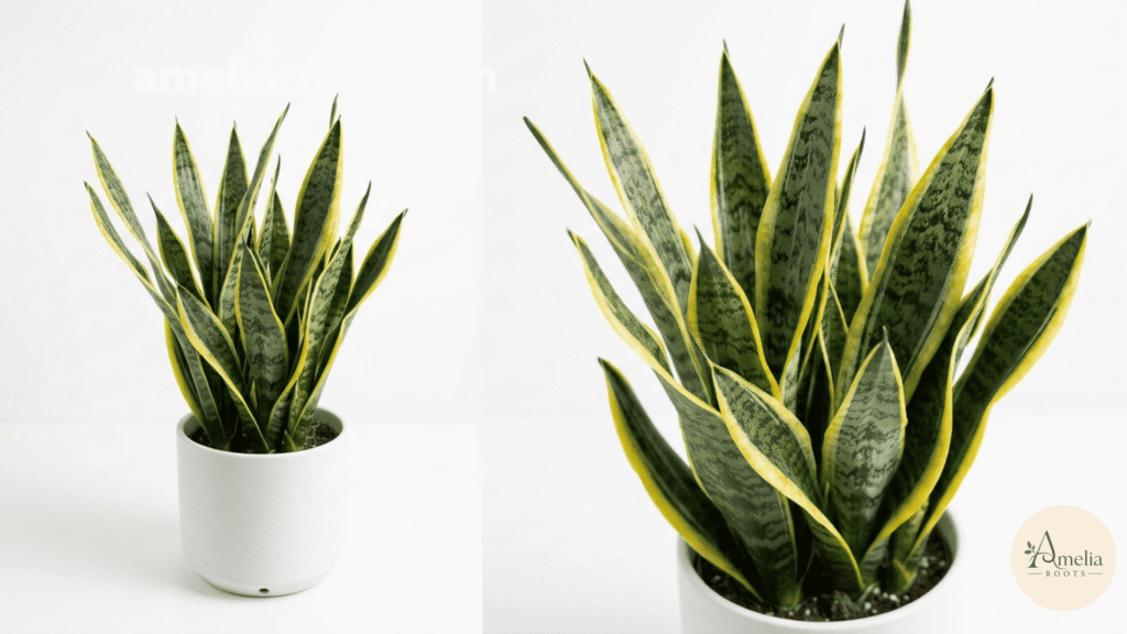 Mature snake plant with variegated green and yellow striped leaves in a white ceramic pot against white background