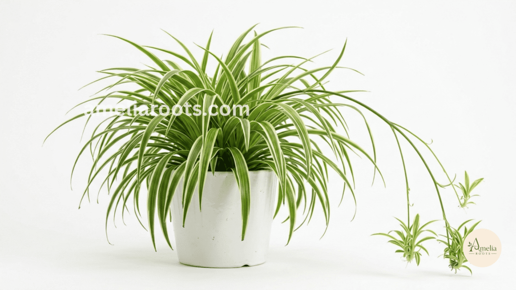 Spider plant with variegated green and white striped leaves and baby plantlets hanging down