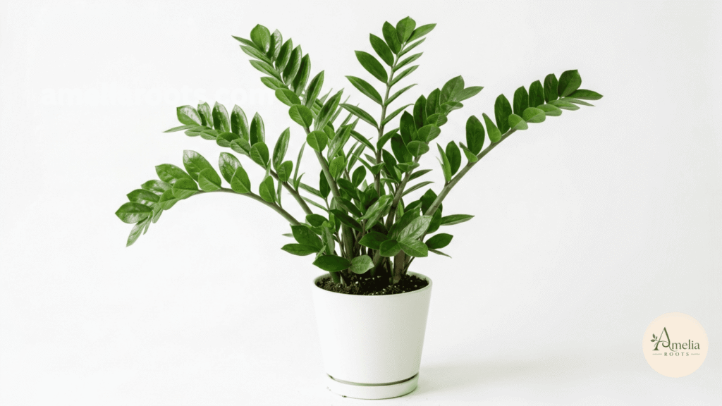 ZZ plant with glossy, feathered leaflets on multiple stems in a white pot, pure white background